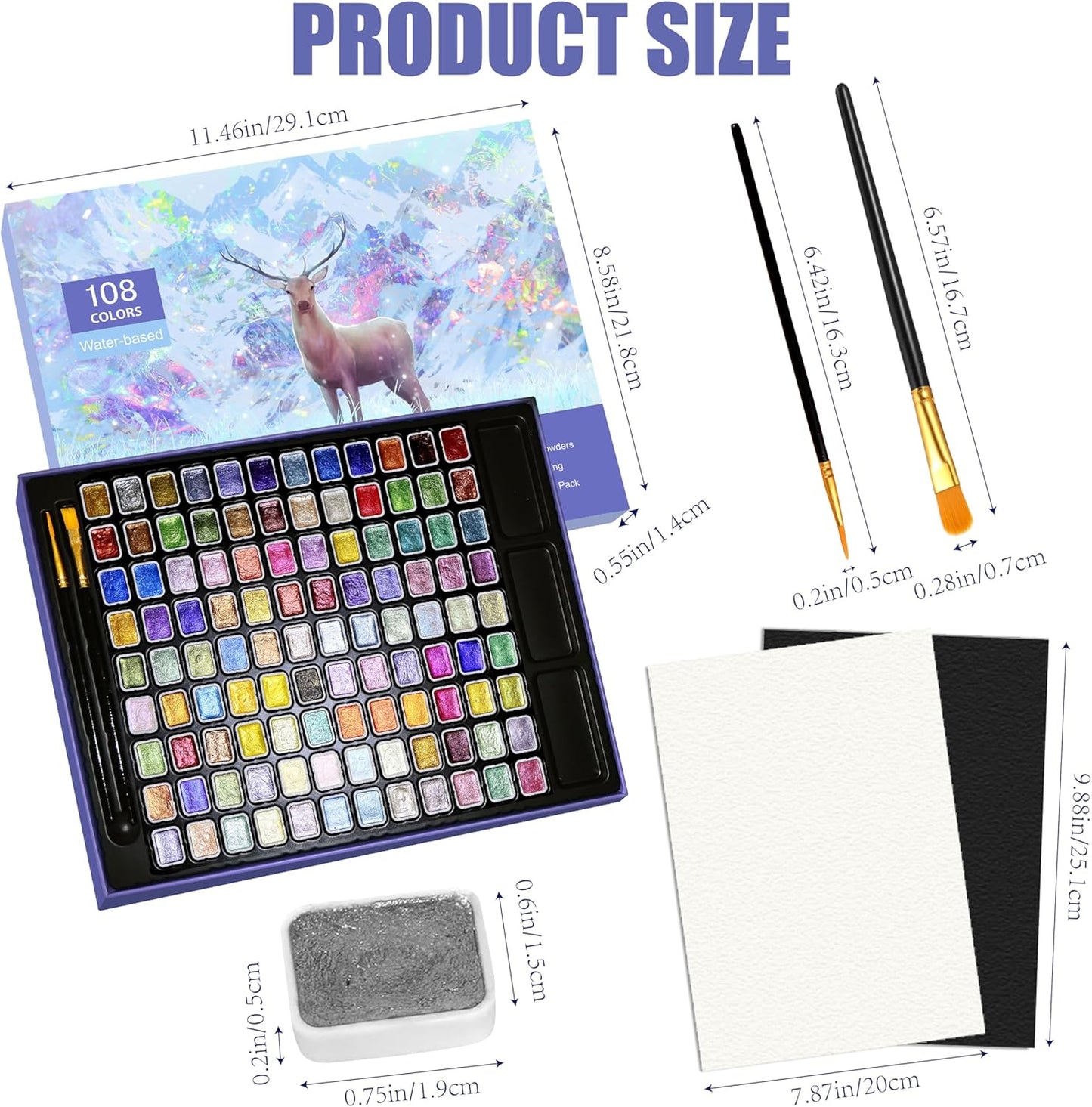 Mini Shimmer Watercolor Paint Set, 108 Colors Glitter Metallic Watercolour Painting Sets, Solid Pearl Water Color Paints for Artists, Amateur Hobbyists and Painting(108 Colors)