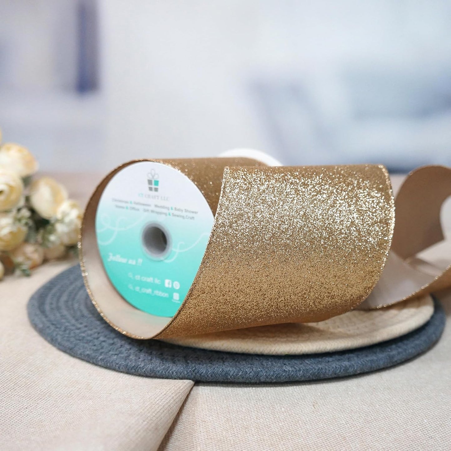 CT CRAFT LLC Glitter Wired Ribbon 4" x 10 Yards Gold (Champagne Gold) for Christmas Home Decor Bow Gift Wrapping DIY Crafts Wreath