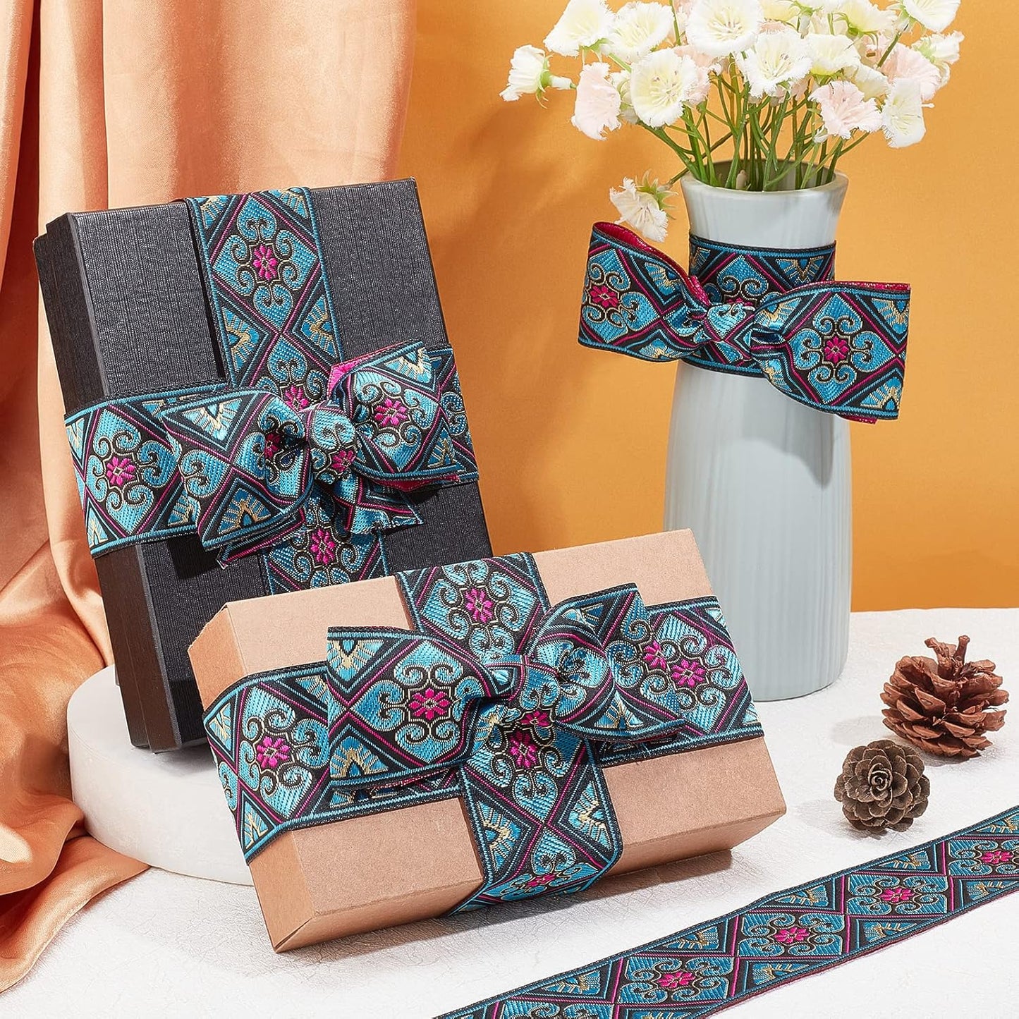 PH PandaHall 2 Inch Embroidered Woven Ribbon, 7 Yards Vintage Jacquard Ribbon Boho Flowers Straps Fabric Trim for Bohemian Persian Clothes Bag Holiday Christmas Decor Gift Wrap Decor