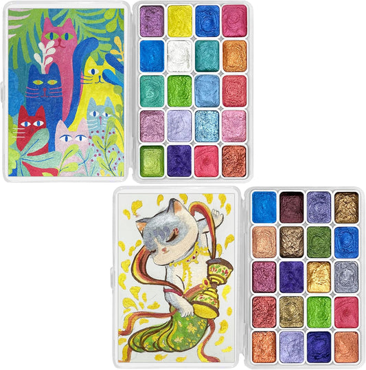 Mini Forestry Shifting Watercolor Painting Set - 40 Color Shifting Watercolor Paints, Shimmer Metallic & Glitter Watercolor Paints, Matisse & DunHuang Style