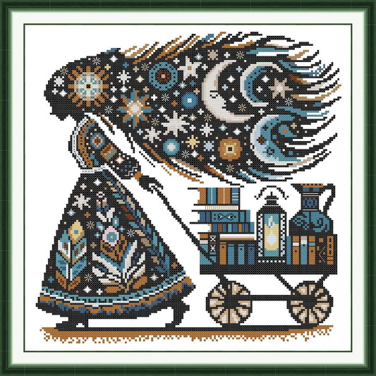 Threadhaven Cross-Stitch Kit 14CT Aida Counted Embroidery Complete Set with Fabric, Threads, Needles & Chart-Premium Beautiful Girls Design for Adults & Beginners- Knowledge is Power. 14.1''×14.1''