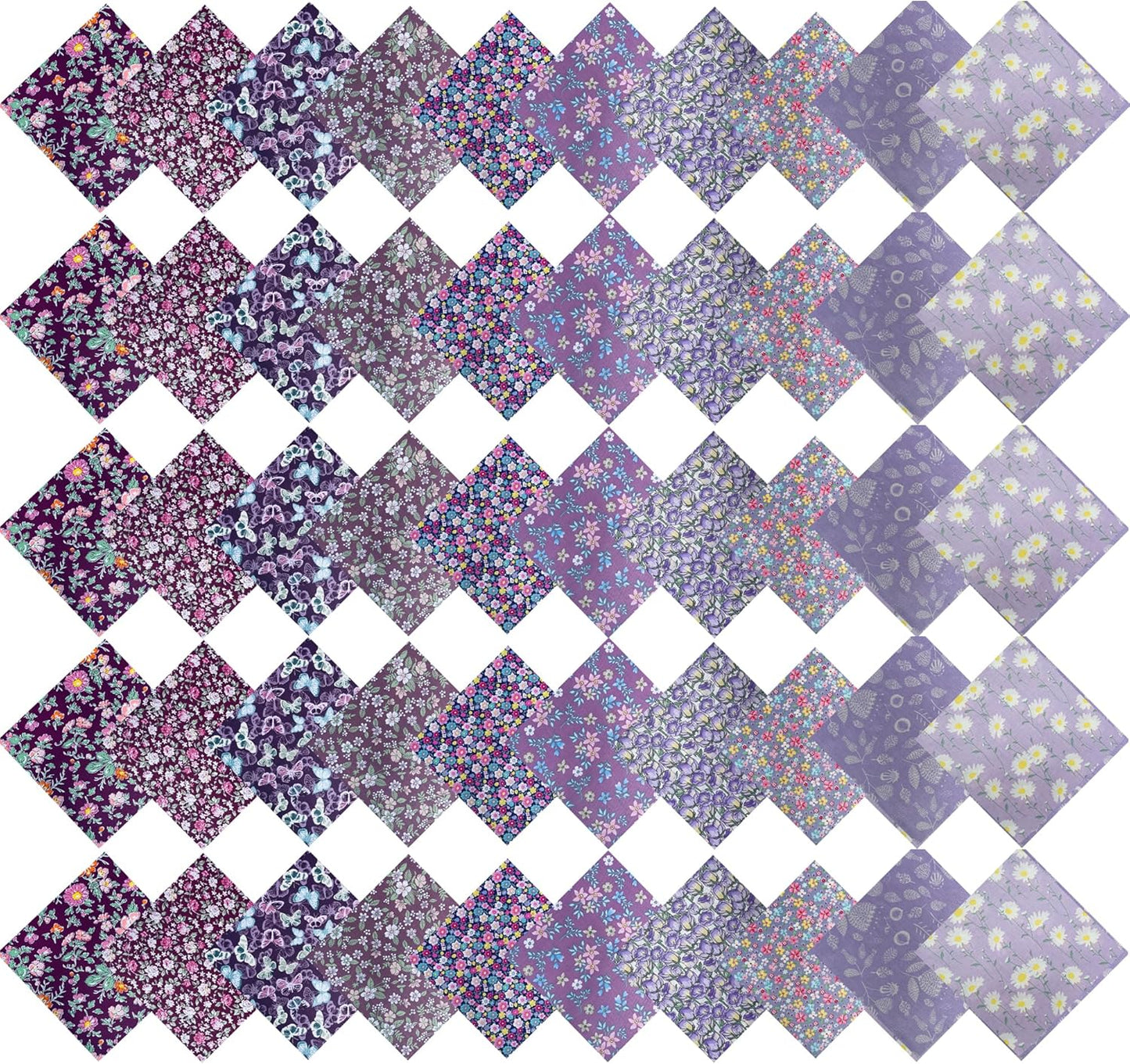 HANPATQUI 50PCS 5 x 5 inch Purple Printed 100% Cotton Fat Quarters Fabric for Sewing and Quilting Bundles Precut Fabric Square for DIY Craft Patchwork