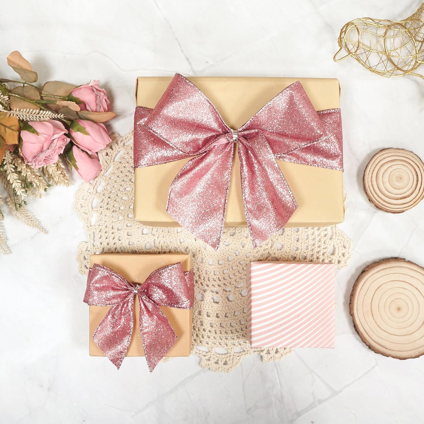 CT CRAFT LLC Glitter Wired Ribbon 1.5" x 10 Yards Rose Gold for Christmas Home Decor Bow Gift Wrapping DIY Crafts Wreath