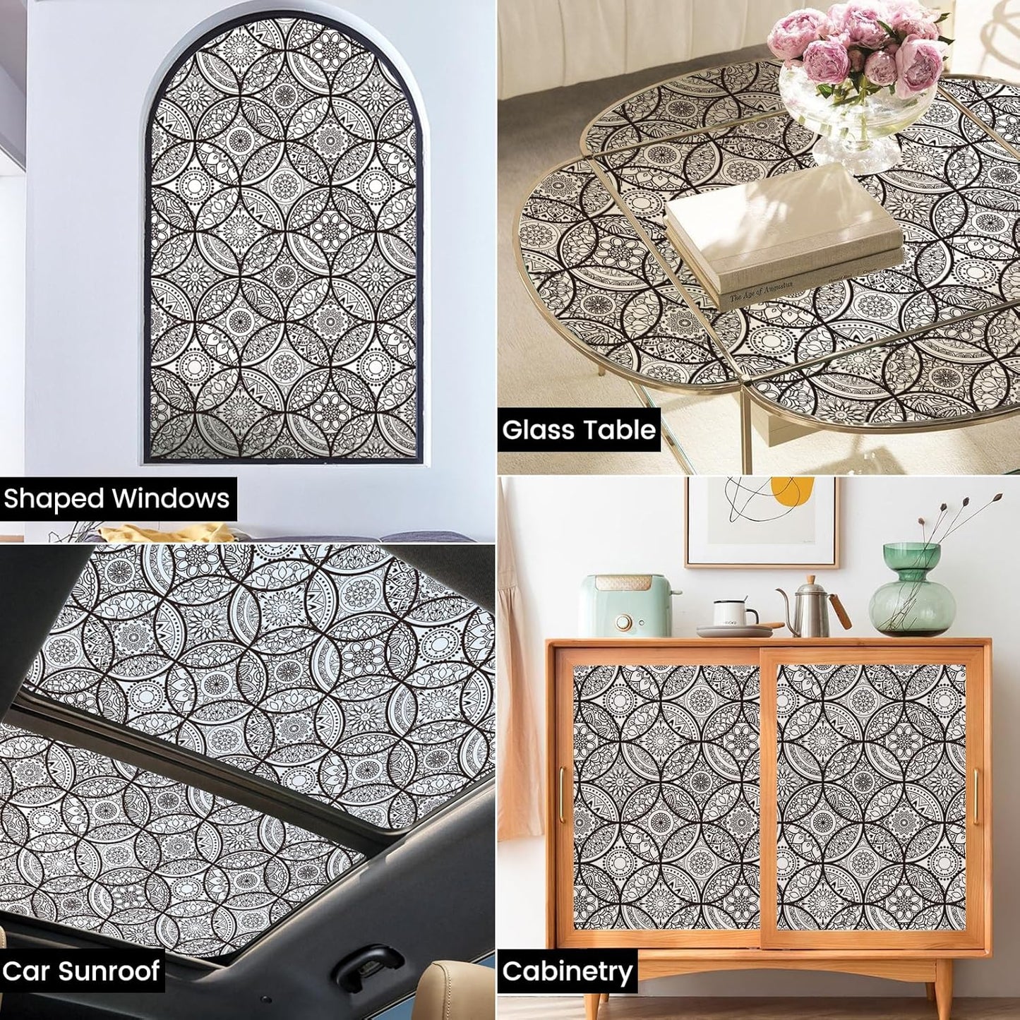 DKTIE Boho Stained Glass Look Window Privacy Film with Installation Tools, Decorative Frosted Glass Window Film Static Cling No Glue Removable, Pure Black, 35.4" x 118.1"