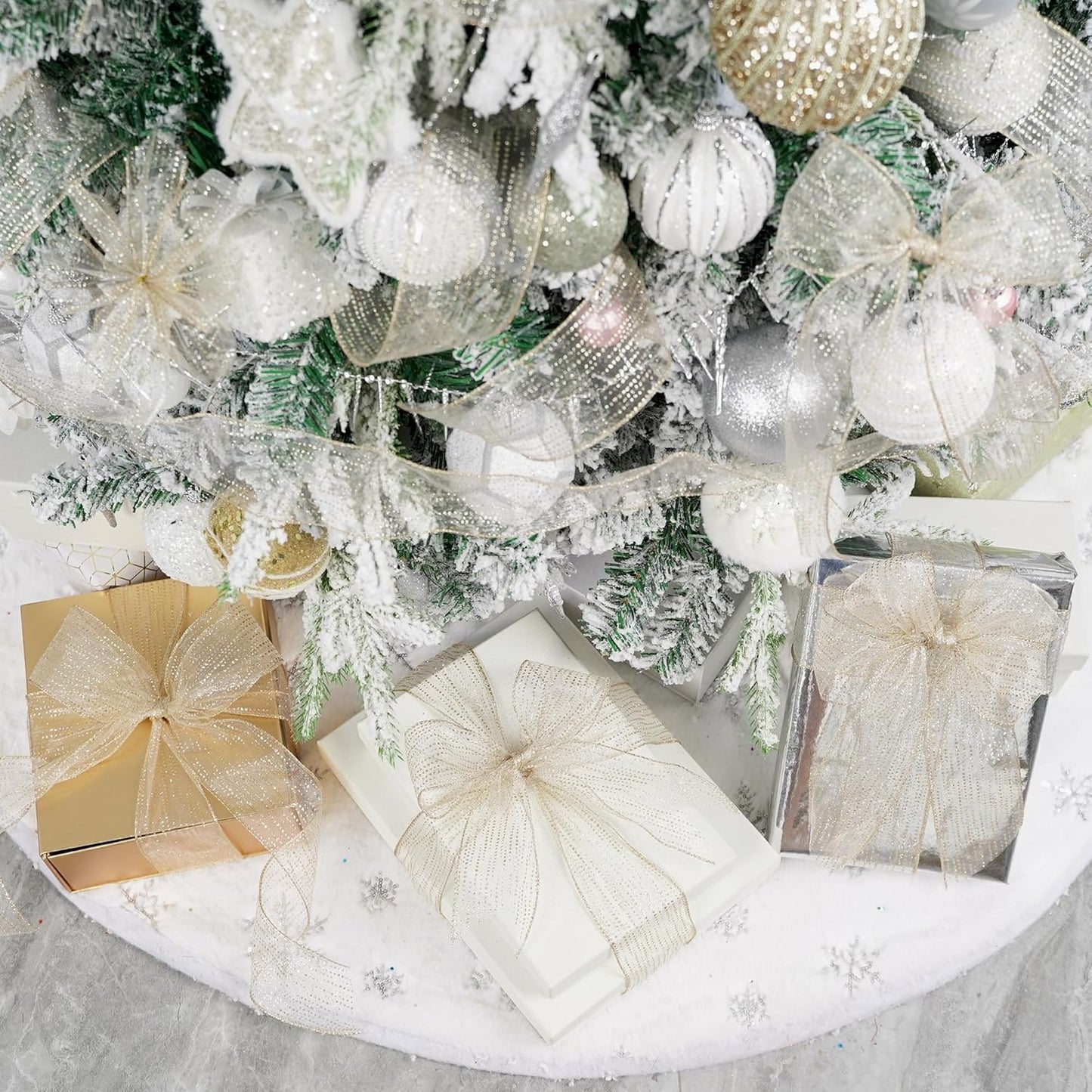 MEEDEE Champagne Gold Wired Ribbon - 2.5 Inch Horizontal Stripes Polka Dot Christmas Ribbon Organza Sheer Glitter - 25 Yards for Christmas Tree, Wreath Bow