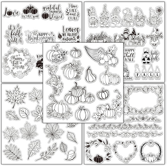 Whaline 5 Sheet Fall Thanksgiving Clear Stamps Autumn Leaves Pumpkin Gnome Silicone Transparent Stamps Happy Fall Border Stamp Cards for DIY Craft Card Making Scrapbooking Embossing Album Decor