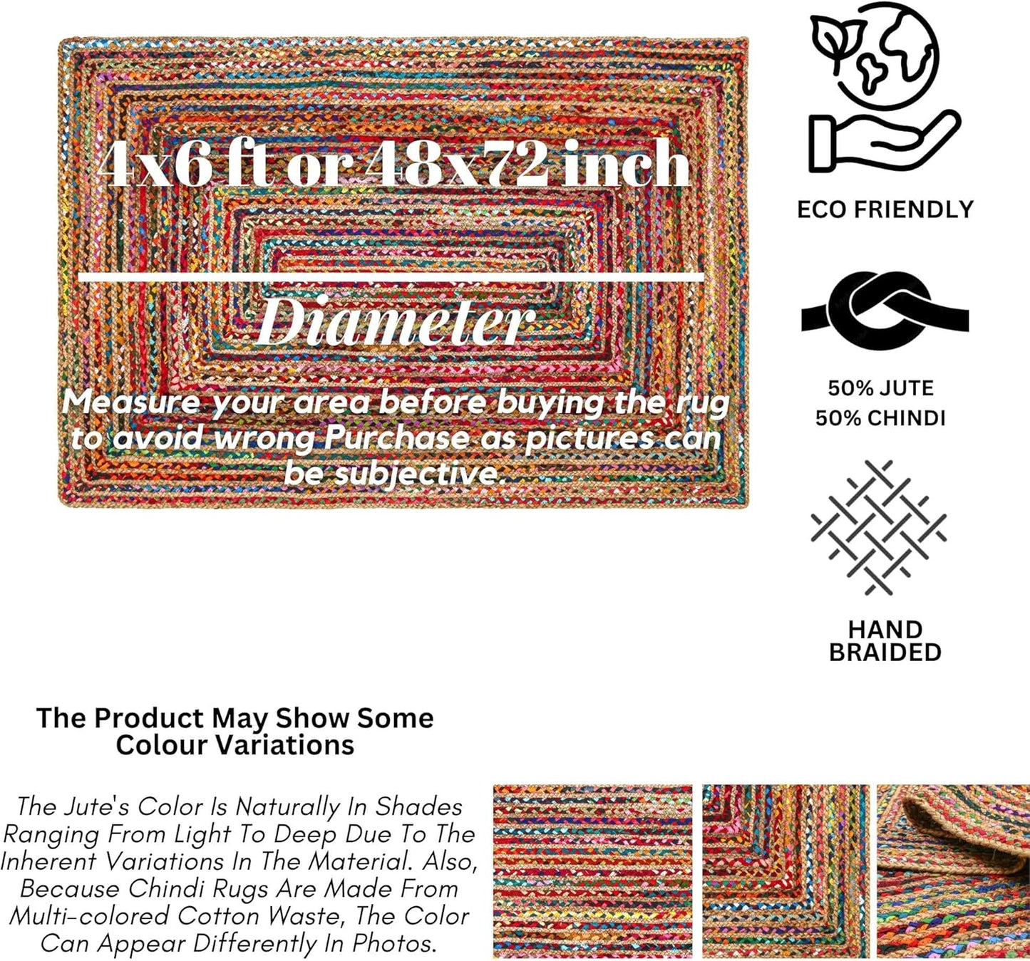 4'x6' Handwoven Jute Chindi Area Rug - Colorful Boho Rugs for Living Room - Hand Braided Multicolor Bohemian Rug for Farmhouse, Bedroom, Dining Room, Classroom, Hallway, Kitchen, Office