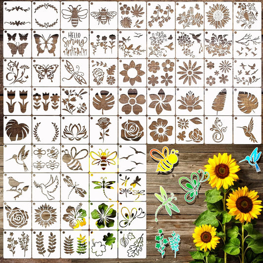 65Pcs Small Stencils for Painting on Wood Reusable, 3 Inch Reusable Stencil for Craft Ornament Paint Template Stencils for Wall Card Rock Wood Signs Coasters Canvas Home Decor (Flower)