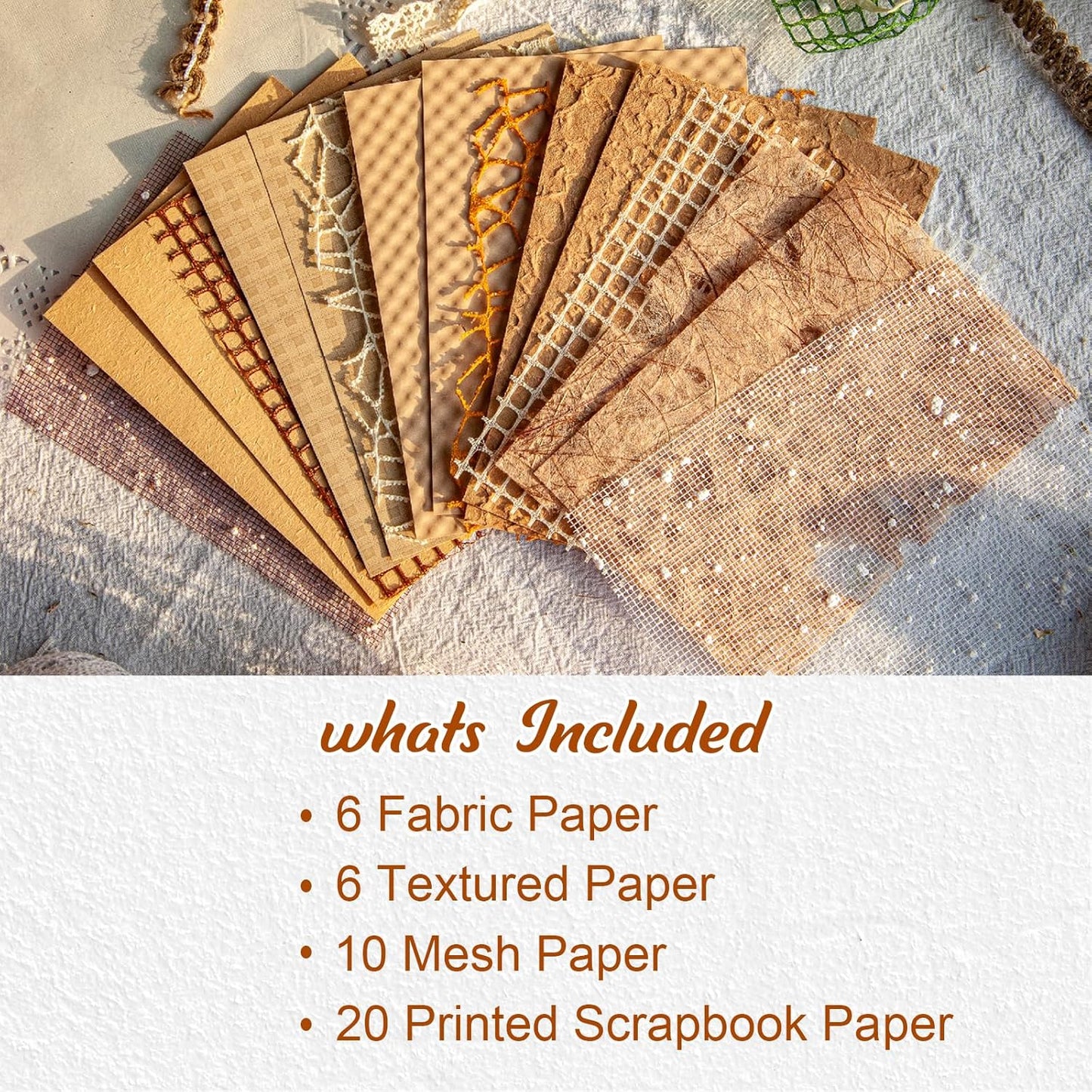 42 Sheets Textured Scrapbook Paper and Mesh Fabric Assorted Set, Junk Journal Supplies Assorted Set, Special Paper for Scrapbooking Materials Card Embellishments 3.9x5.5 Inch (Brown)