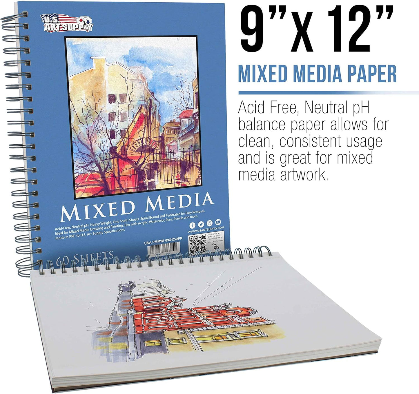 U.S. Art Supply 9"x12" Mixed Media Sketchbook, 2 Pack (60 Sheets), 98 lb (160 GSM) - Spiral-Bound Pad with Perforated Acid-Free Paper - Artist Sketch Book for Drawing, Painting, Watercolor