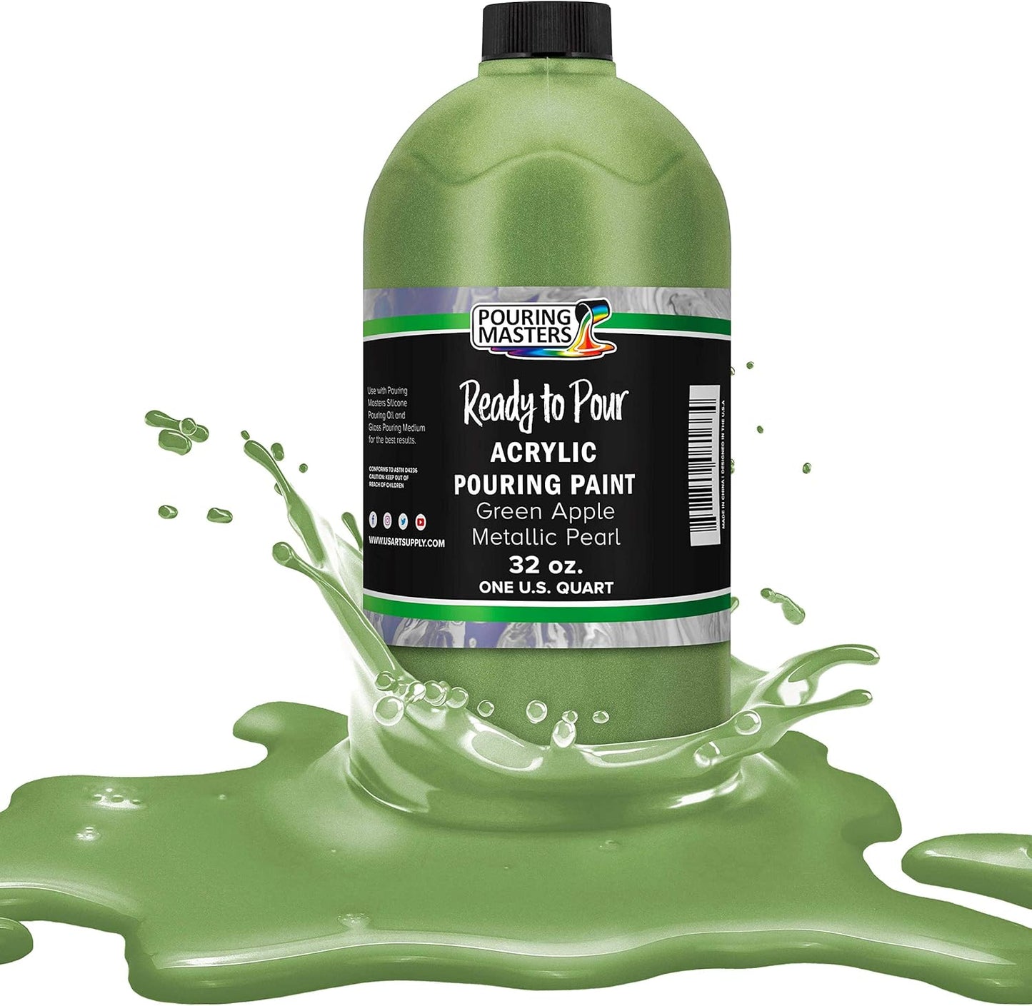 Pouring Masters Green Apple Metallic Pearl Ready to Pour Acrylic Pouring Paint - Premium 32-Ounce Pre-Mixed Fluid Acrylic Paint - Fluid Art Supplies for Canvas, Wood, Paper, Tile & Rocks