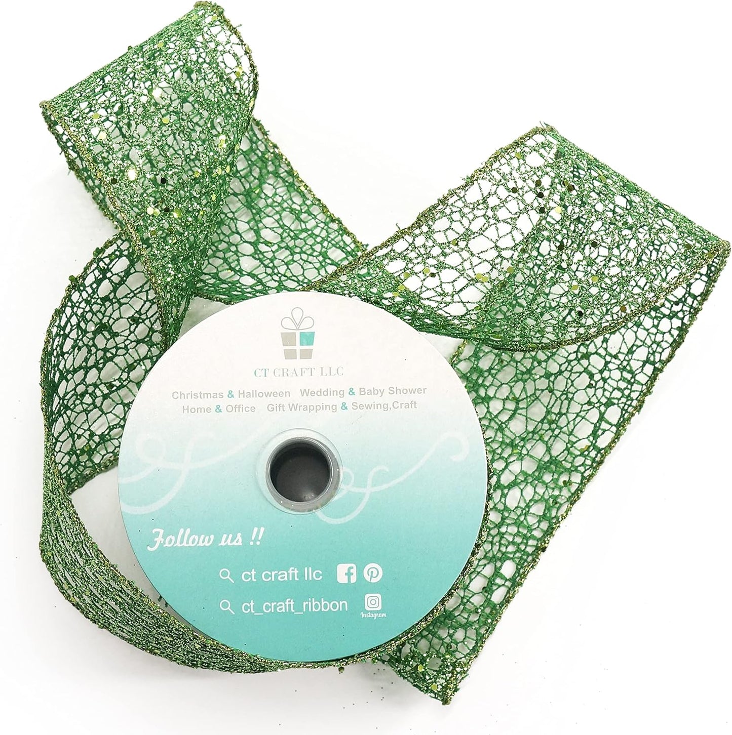 CT CRAFT LLC Sparkling Glitter Mesh Wired Ribbon 2.5" x 10 Yards Green for Christmas Home Decor Bow Gift Wrapping DIY Crafts Wreath