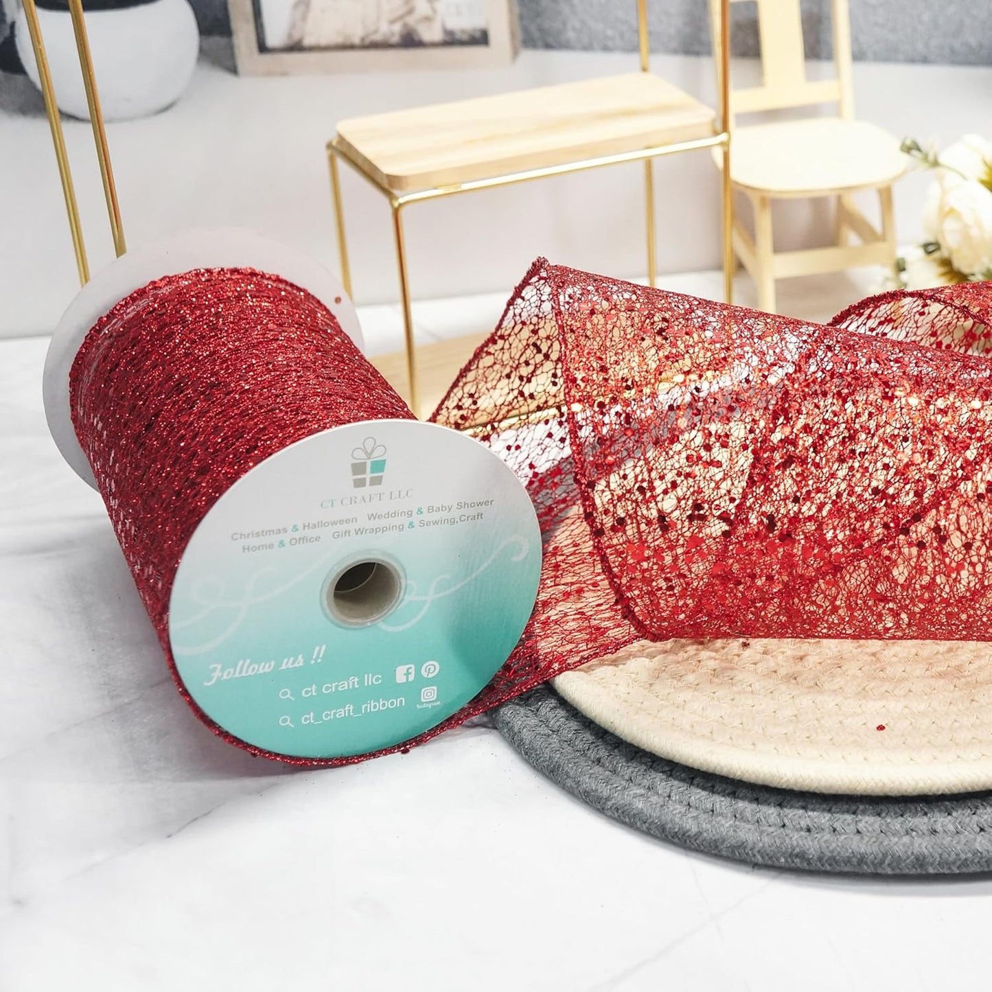 CT CRAFT LLC Sparkling Glitter Mesh Wired Ribbon 6" x 10 Yards Red for Christmas Home Decor Bow Gift Wrapping DIY Crafts Wreath