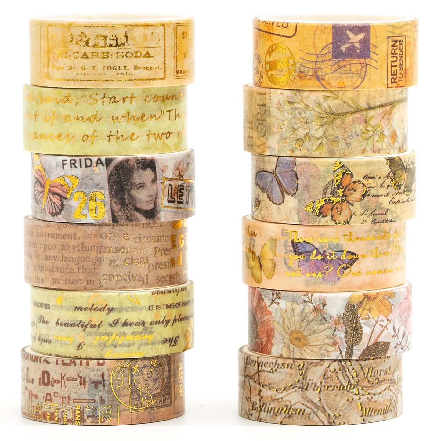 12 Rolls Charming Washi Tape Set Gold Silver Foil Detailing Arts Adhesive Tapes Basic Patterns Decorative Masking Tape Sets for Craft, Kids, Scrapbook, DIY, Gift Wrapping (Vintage Elegance)
