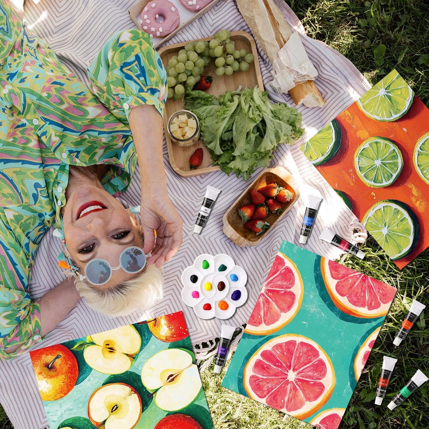 Cholemy 36 Pcs Paint and Sip Kit for Adults 8''x10'' Pre Drawn Canvas for Painting DIY Afro Acrylic Painting Kit Wood Easel Brushes Date Night Bulk for Christmas Party Gifts(Colorful Fruits)