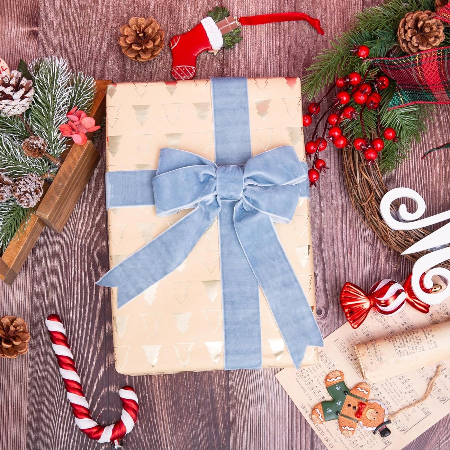 Vintage Dusty Blue Velvet Ribbon Christmas Ribbon for Gift Wrapping Crafts Christmas Tree Ornaments Garland Decorations, 1-1/2 Inch X 25Yd