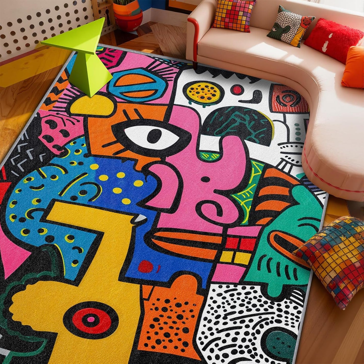 Abstract Rug 5x7-5x6 Rug - Abstract Rug - Colorful Pop Art Area Rug - Modern Geometric Graffiti Rugs - Multicolor Artistic Carpet - Home Decor