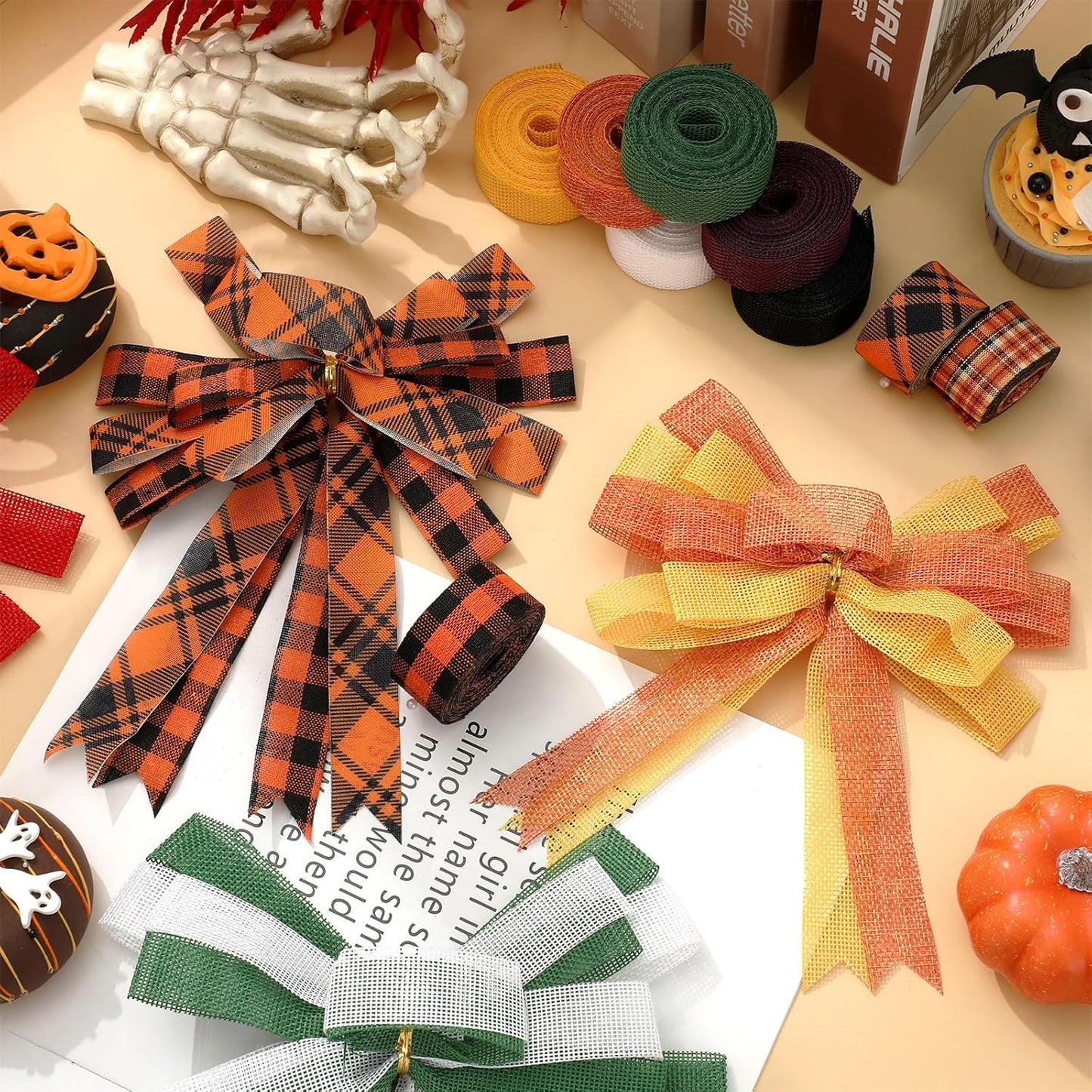 10 Rolls 50 Yard Halloween Plaid Burlap Ribbon Rolls 1 Inch Gift Wrapping Ribbon Decorative for DIY Crafts Wreath Bow Making Supplies Home Decor