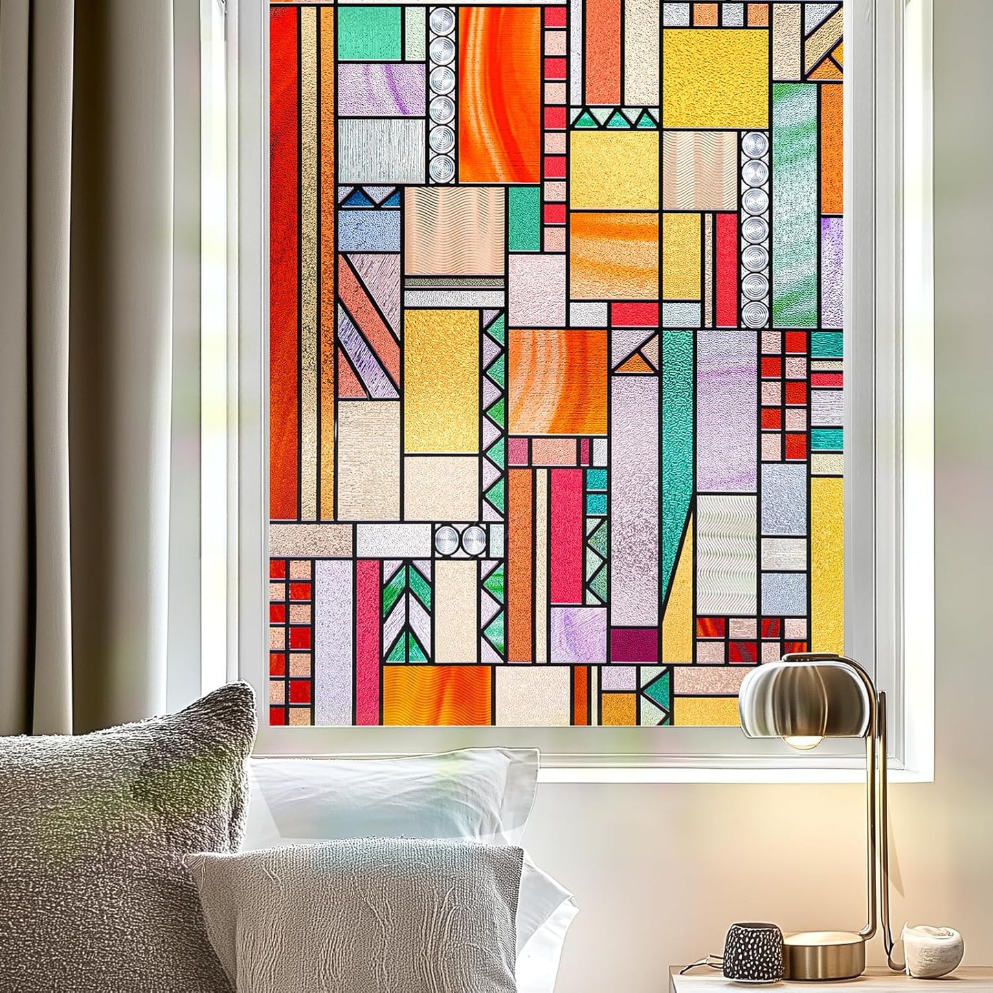 3D Stained Glass Window Privacy Film, Heat Control UV Blocking Static Cling Decorative Window Film for Bathroom,Front Door,Home Non Adhesive,23.6 x 35.4 inches Autumn Reverie