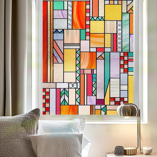 3D Stained Glass Window Privacy Film, Heat Control UV Blocking Static Cling Decorative Window Film for Bathroom,Front Door,Home Non Adhesive,23.6 x 35.4 inches Autumn Reverie