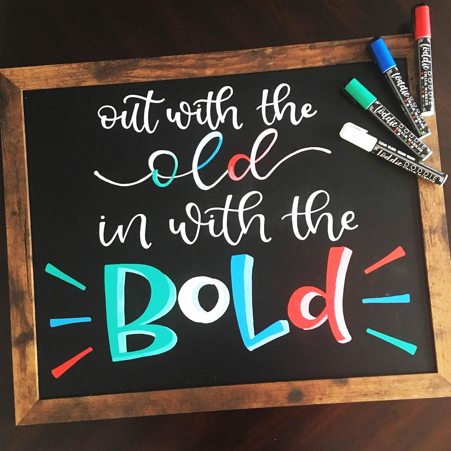 Loddie Doddie Liquid Chalk Marker Set - Pack of 4, Basic Colors, 6mm Tip - Fine-Tip Chalkboard Markers for Blackboard - Washable Window Pens for Glass - Dual Ends for Chalkboard Calendar