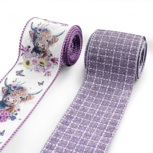 2.5'' x 10 Yards Spring Wired Ribbons for Crafts Wreath Bows Wrapping Natural Buffalo Plaid Ribbon Rustic Purple Ribbon for Birthday Party Home Decoration