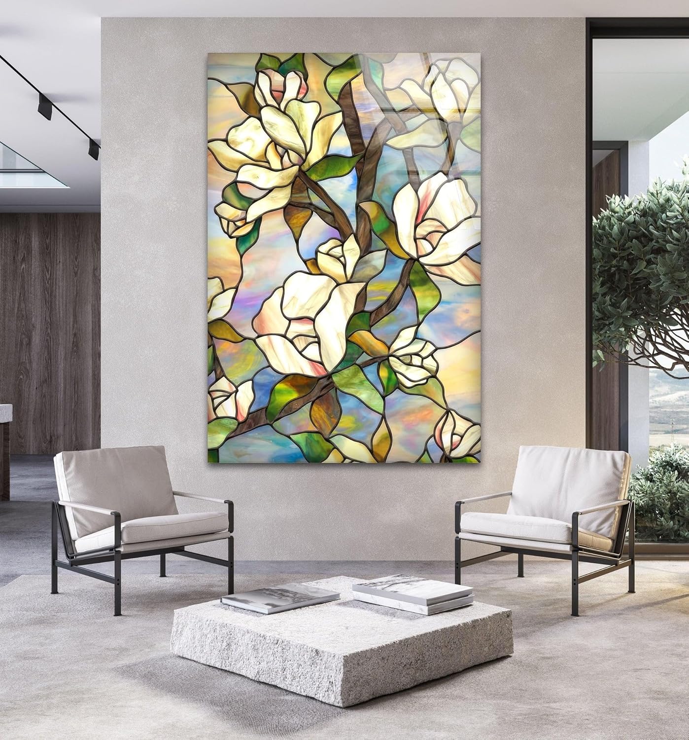 My Photostation.com Round 24'' Stained Magnolia Glass Wall Art Tempered Glass Printing Wall Decor Large Wall Art Wall Hangings