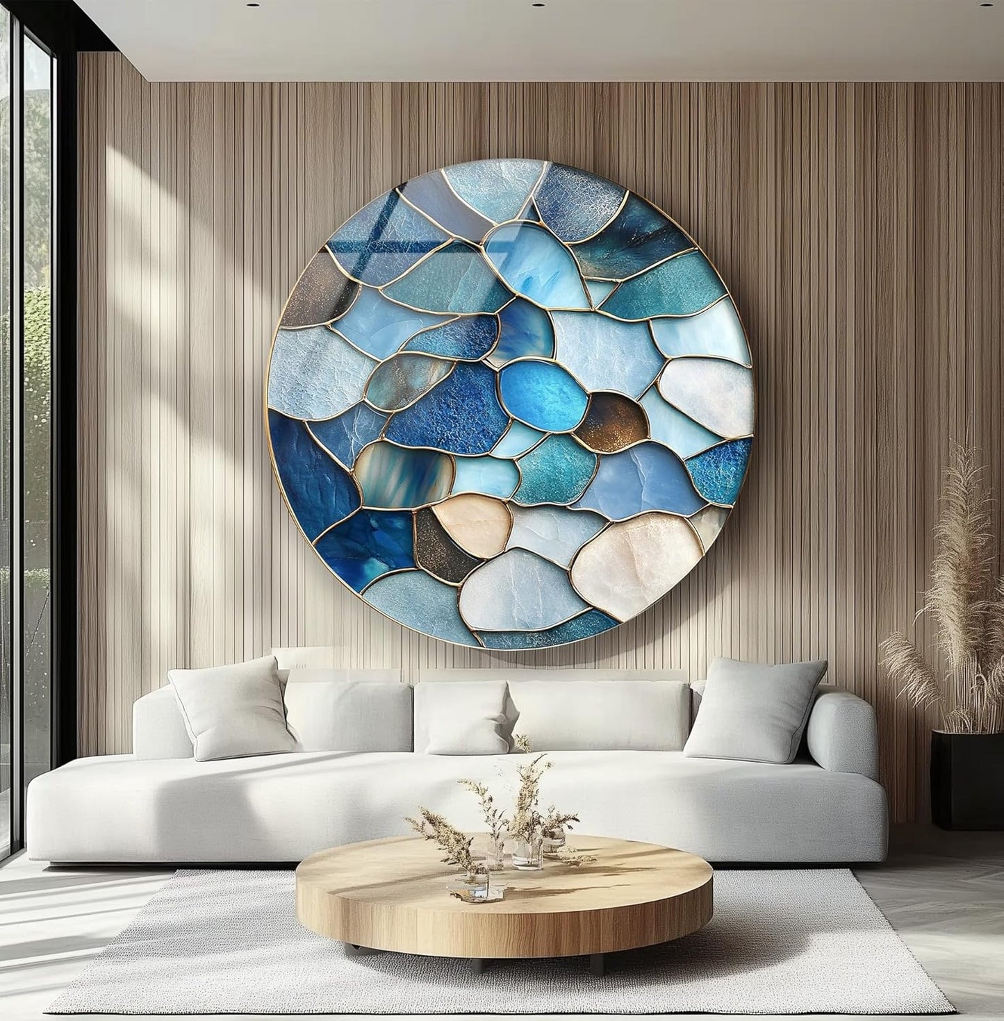My Photostation.com 27.5''(70cm) Diameter Coastal Blue Stone Mosaic Round Glass Wall Art Tempered Glass Printing Wall Decor Large Wall Art Wall Hangings
