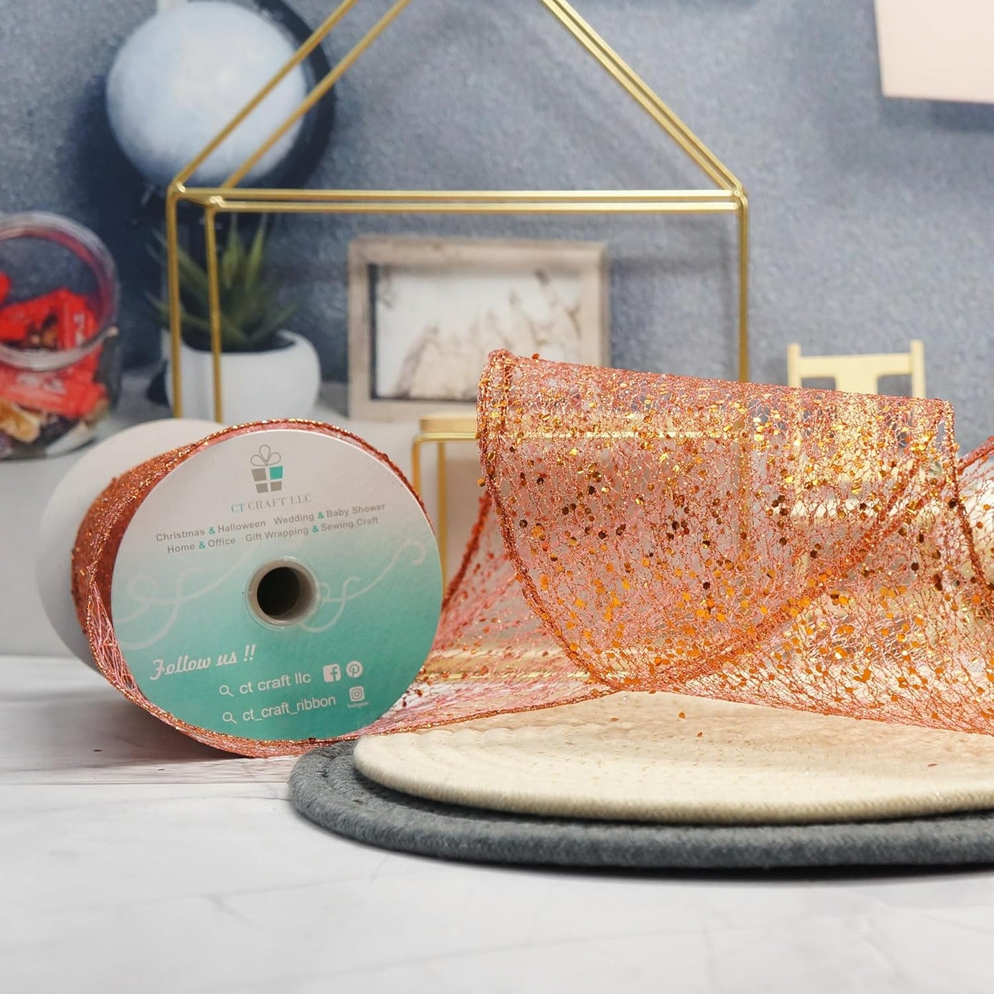 CT CRAFT LLC Sparkling Glitter Mesh Wired Ribbon 4" x 10 Yards Bronze Orange for Christmas Home Decor Bow Gift Wrapping DIY Crafts Wreath