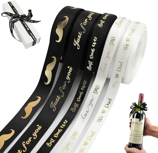 MEEDEE Happy Father's Day Ribbon Fathers Day Decorations Gift Box Wrapping Paper Decor Thank You Satin Thin Ribbon Assorted Black Satin, 5 Rolls with 10 Yards Each Total 50 Yards