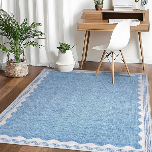 Scalloped Rug 4x6 Rugs for Entryway, Small Area Rugs Solid Blue Rug for Bedroom Girls, 4x6 Washable Rugs for Living Room, Non Slip Scalloped Bath Mat, Soft Dorm Nursery Carpet for Bedside