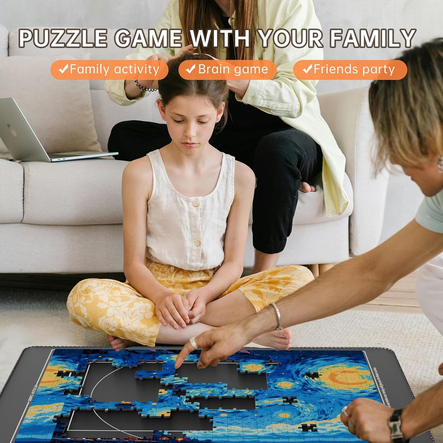 Lwoeo Jigsaw Puzzle Mat Roll Up, Black Rubber 53.3” x 35” Smooth Top Saver Pad Up to 3000 Pieces，Large Puzzle Matt Rollup with 6 Sorting Trays & 1 Storage Bag for Sorting Table, Board, Frame Mats