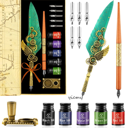 Feather Pen and Ink Set Calligraphy Kit for Beginners with Quill Pen, Antique Vintage Stationary Set for Writing, Signing & Hand Lettering Art