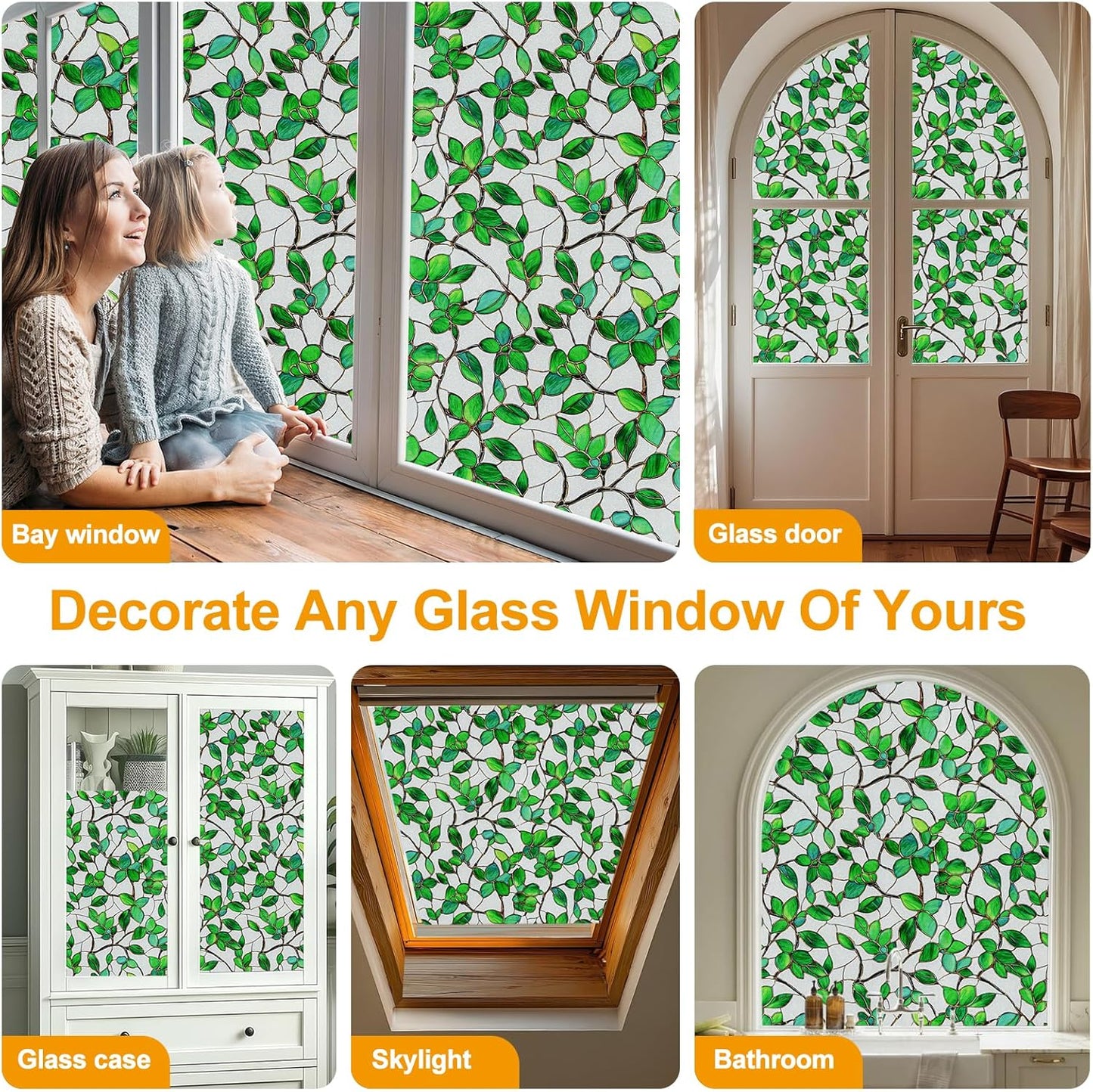 Window Privacy Film Stain Glass Window Film Rainbow Window Film Window clings Non-Adhesive Reusable Decorative for Room (Frosted Greenery Leaf, 35.4 x 78.7 in)