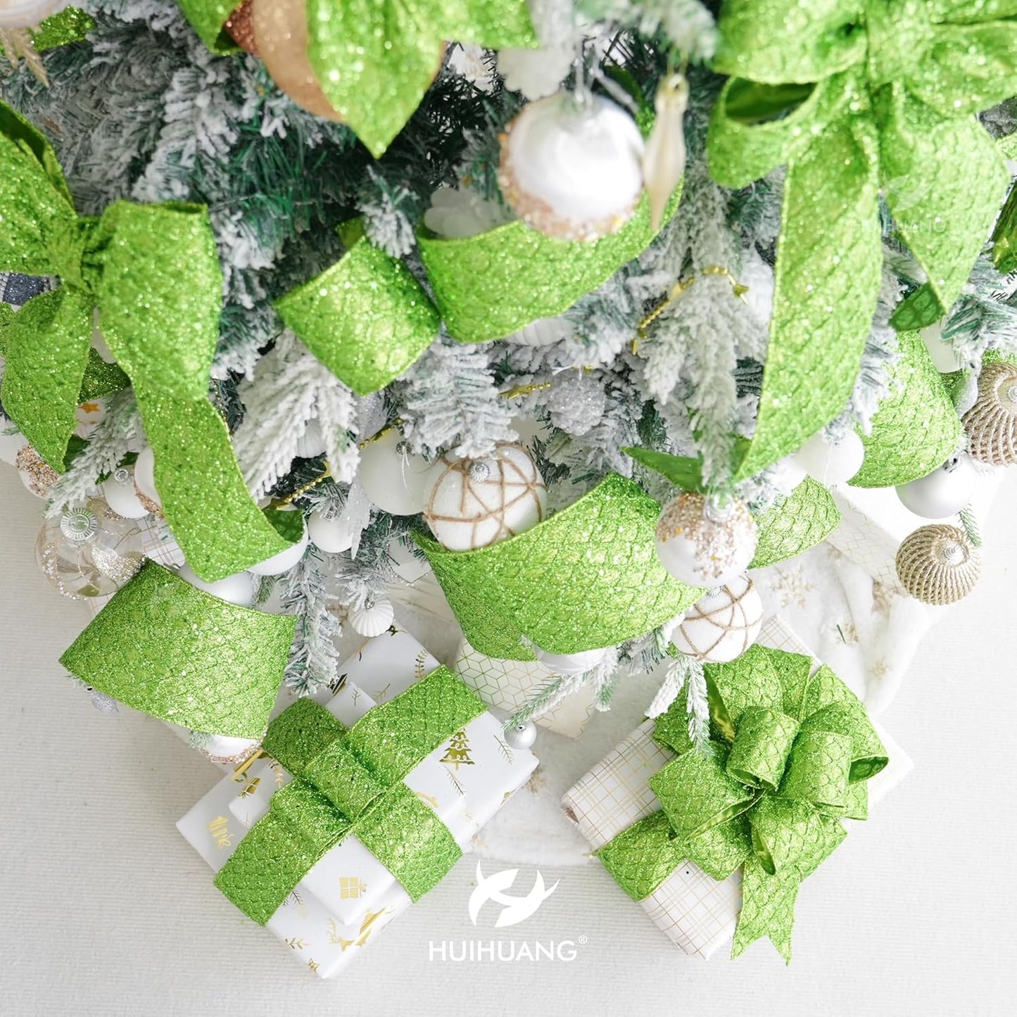 HUIHUANG Lime Green Wired Ribbon for Christmas Tree 2.5 inch Lime Green Glitter Diamond Mesh Ribbon for Tree Decoration, Wreaths, Garland, Gift Wrapping, Bows Making, Halloween Decor -10 Yards