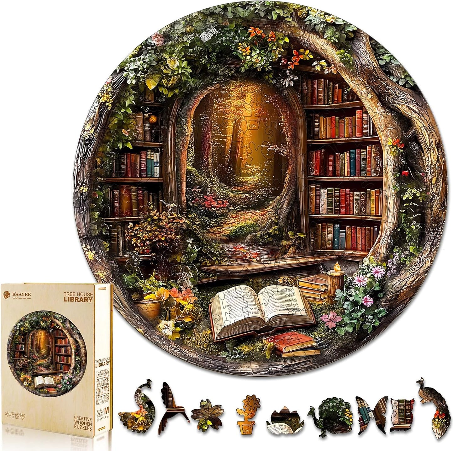 KAAYEE Wooden Puzzles for Adults, 3D Visual Effect Tree House Library Wooden Jigsaw Puzzle Unique Shape Wood Puzzle Adult, 3D Effect Flat Puzzle Birthday Family Games (M-11.4 * 11.4 in-200pcs)
