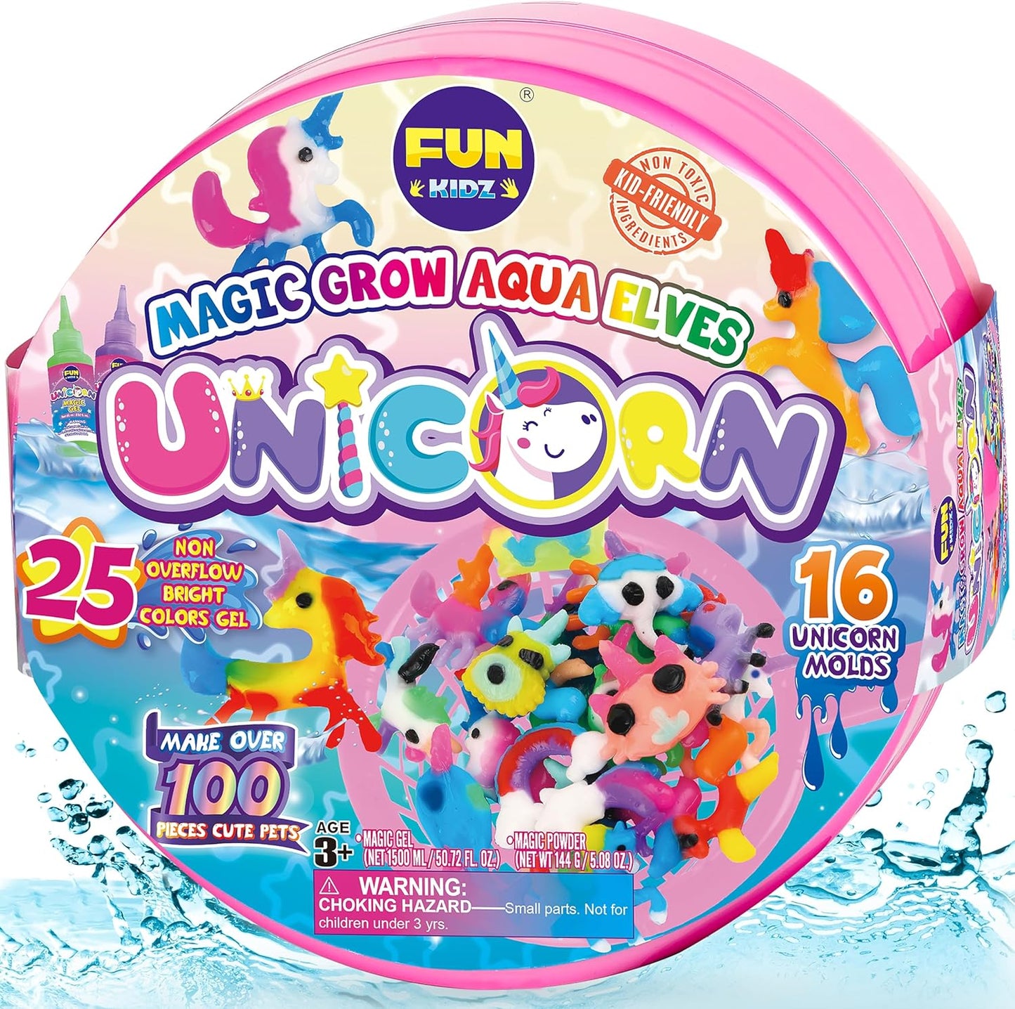 Unicorn Magic Grow Aqua Elves Kit, FunKidz Magical Water Elf Toys for Kids with 25 Colors Gel 16 Unicorn Molds to Make Over 100 Water Pets Crafts for Girls Boys Ages 3+