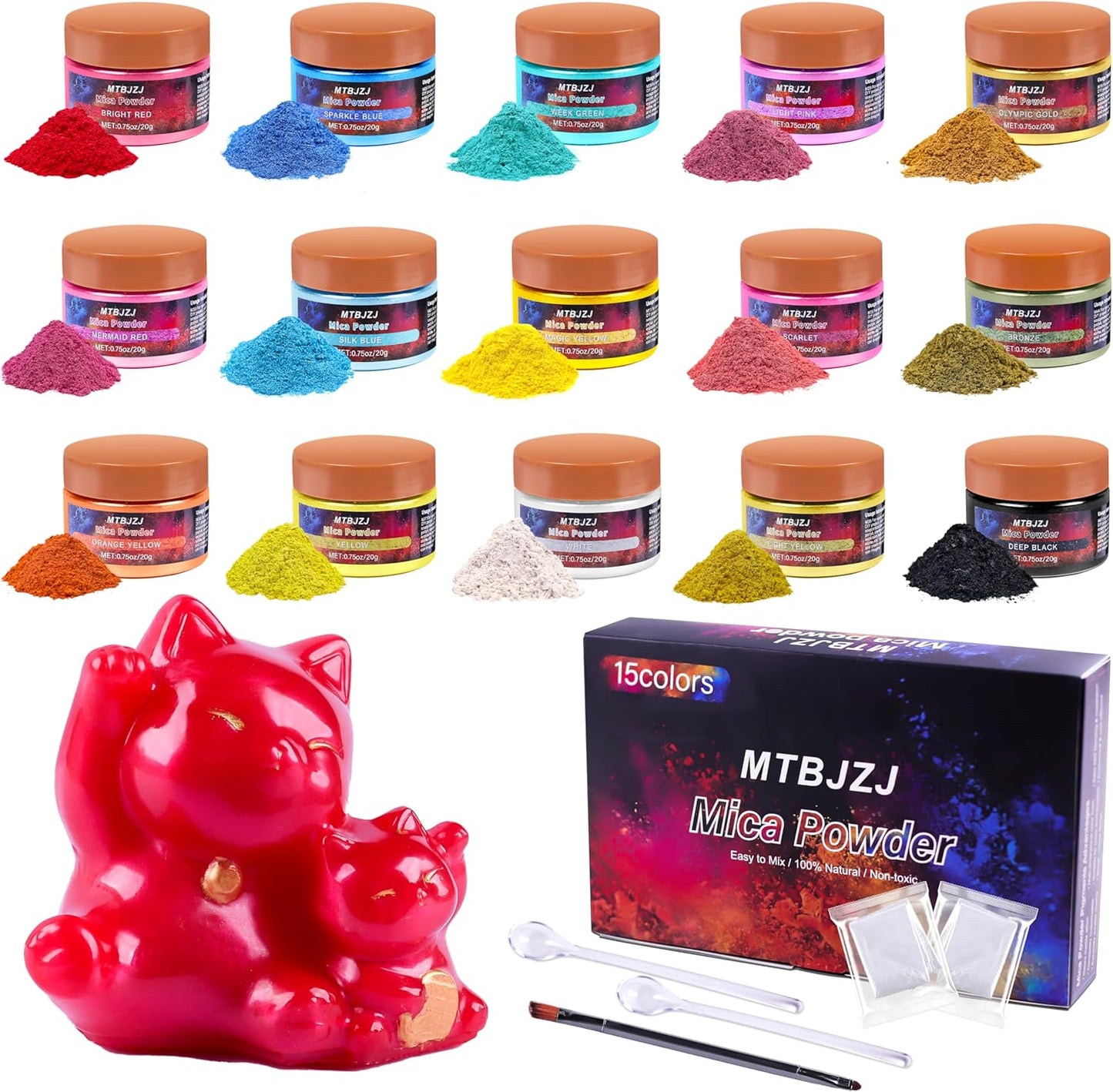 MTBJZJ Mica Powder for Resin, 15 Colors - 20g/Bottle of Epoxy Resin Color Pigment,for Candle Dye, Lip Gloss Pigment, Soap Making, Slime Colorant, Paint, Bath Bombs,Nail Polish and Eye Shadow