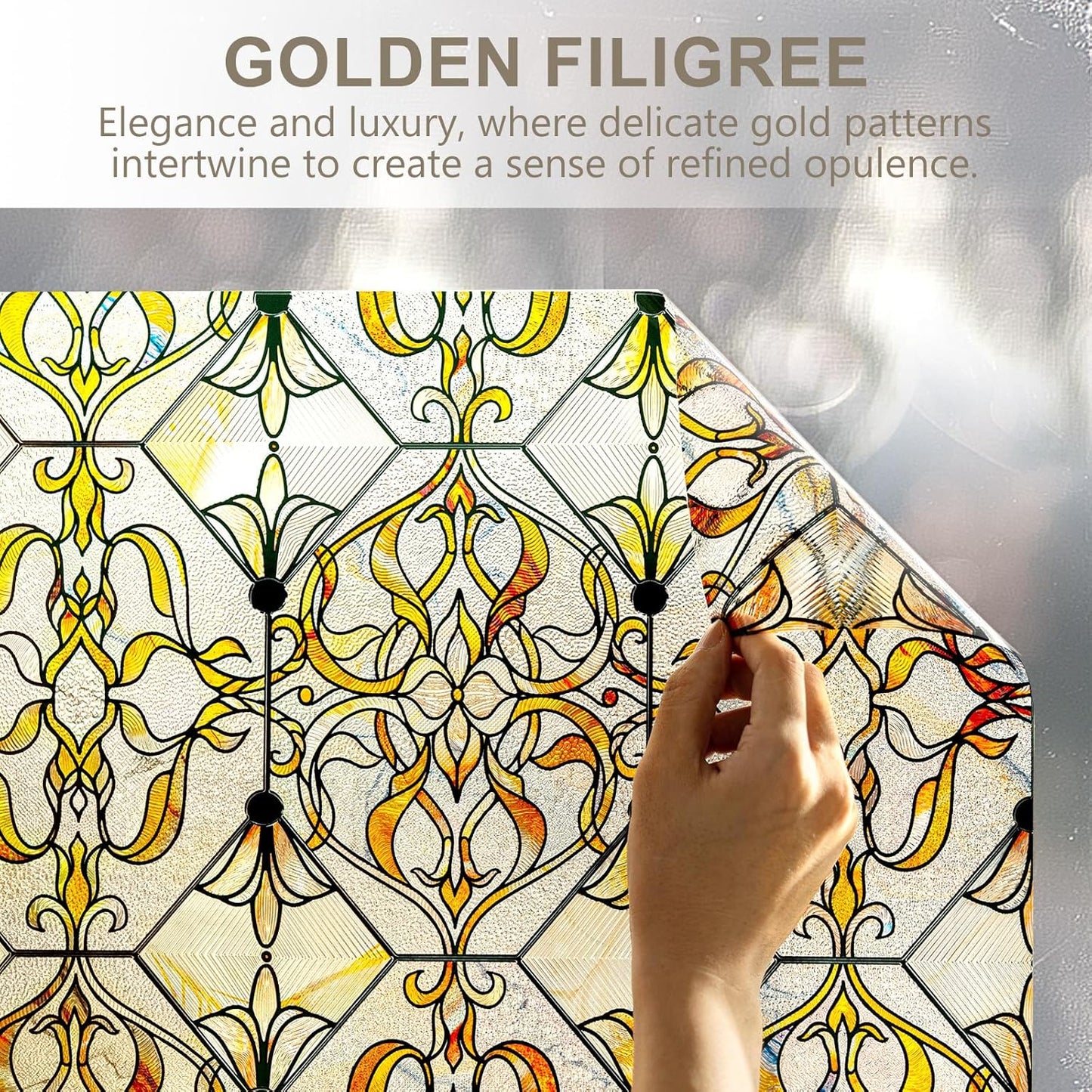 3D Stained Glass Window Privacy Film, Heat Control UV Blocking Static Cling Decorative Window Film for Bathroom,Front Door,Home Non Adhesive 16.9 x 39.3 inches Golden Filigree