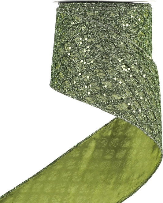 HUIHUANG Moss Green Wired Christmas Ribbon 4 inch Moss Glitter Wired Ribbon Diamond Mesh Wire Ribbon for X-mas Tree Decorations, Wreaths, Garland, Large Bows Making, Home Decor -10 Yards