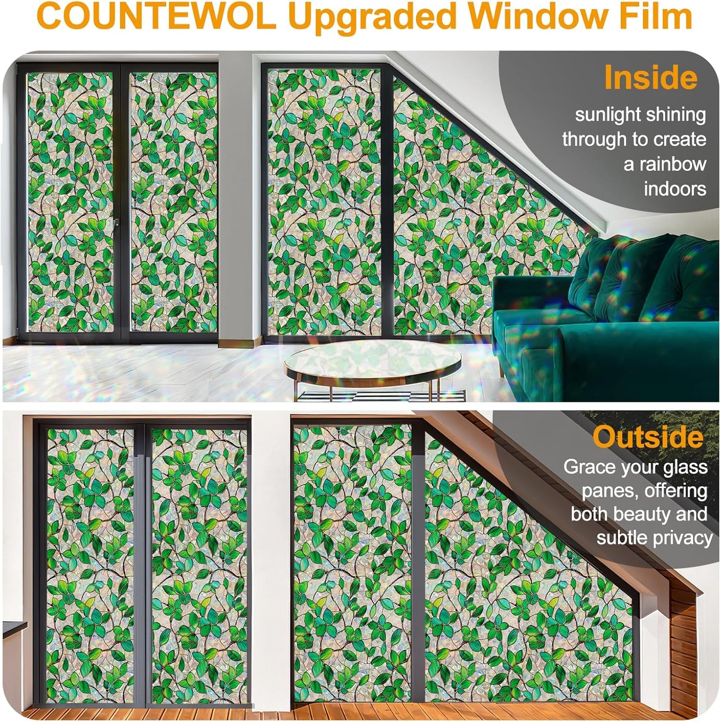 Window Privacy Film Stain Glass Window Film Rainbow Window Film Window clings Non-Adhesive Reusable Decorative for Room (Greenery Leaf, 17.5 x 157.4 in)