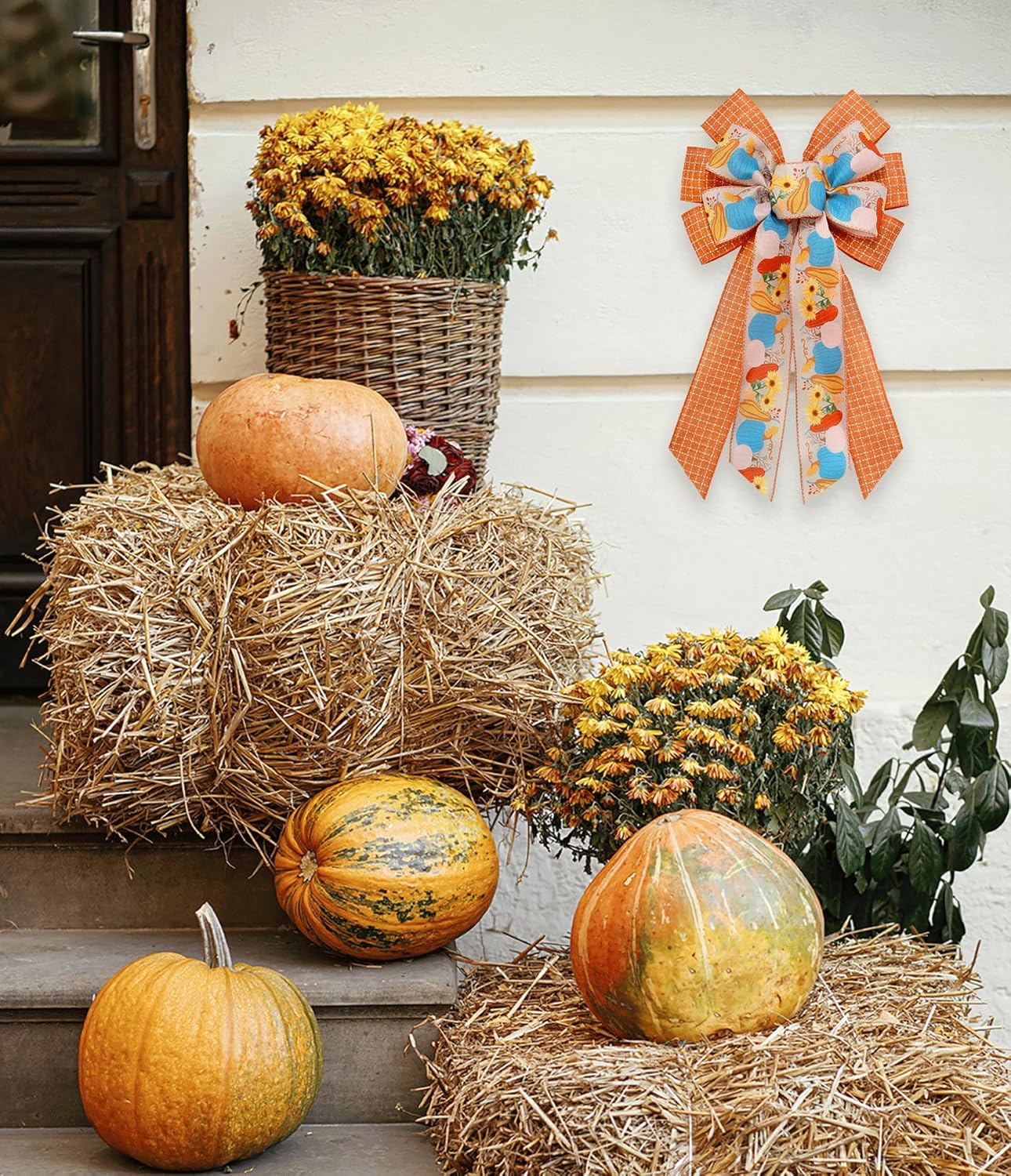 2 Rolls Fall Pumpkins Leaves Ribbons for Bows, Thanksgiving Wired Edge Ribbon Orange Buffalo Plaid Burlap Ribbons for Gift Wrapping Autumn Thanksgiving Decoration Supplies