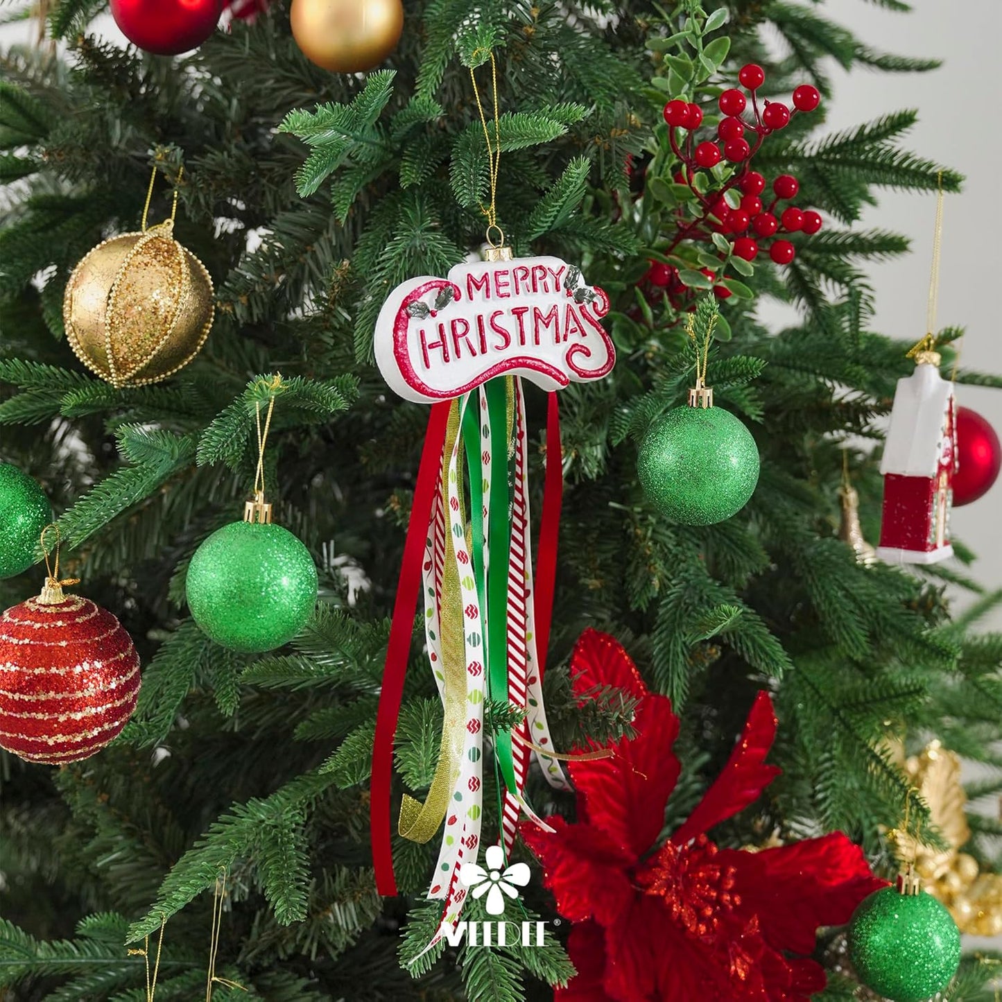 MEEDEE Christmas Ribbon 3/8 inch Thin Holiday Ribbon Set in Red, Green, White, Gold & Silver Color 12 Rolls 60 Yards Perfect for Gift Wrapping, Xmas Wreath Decor, Garlands, and Holiday Crafts