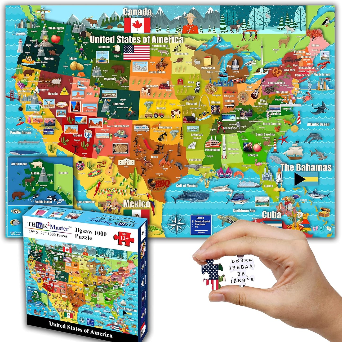 Think2Master Colorful United States Map 1000 Pieces Jigsaw Puzzle for Kids 12+, Teens, Adults & Families. Great Educational Gift for Interest in The USA Map. Size: 26.8” X 18.9”