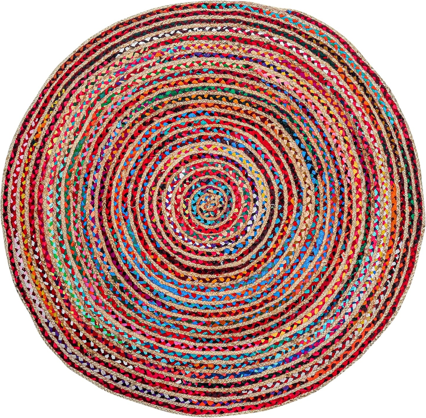8' Round Handwoven Jute Chindi Area Rug - Colorful Boho Rugs for Living Room - Hand Braided Multicolor Bohemian Rug for Farmhouse, Bedroom, Dining Room, Classroom, Hallway, Kitchen, Office