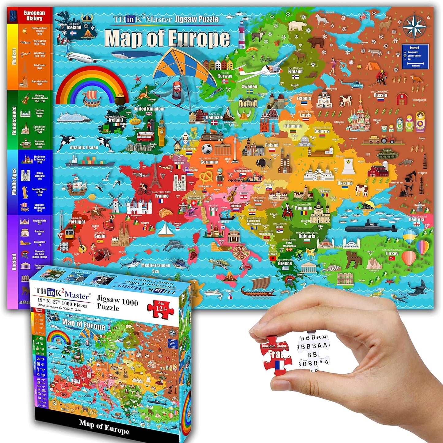 Think2Master Colorful Map of Europe 1000 Pieces Jigsaw Puzzle for Kids 12+, Teens, Adults & Families. Great Gift for stimulating Interest in The European Map. Size: 26.8” X 18.9”