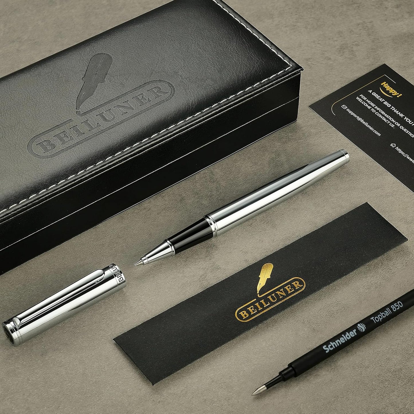 BEILUNER Luxury Silver Rollerball Pen, Stunning Bright Silver Chrome Finish,Noble and Elegant Designs,Schneider Ink Refill, Best Gift Pen for Men & Women, Professional, Executive Office, Fancy Pens