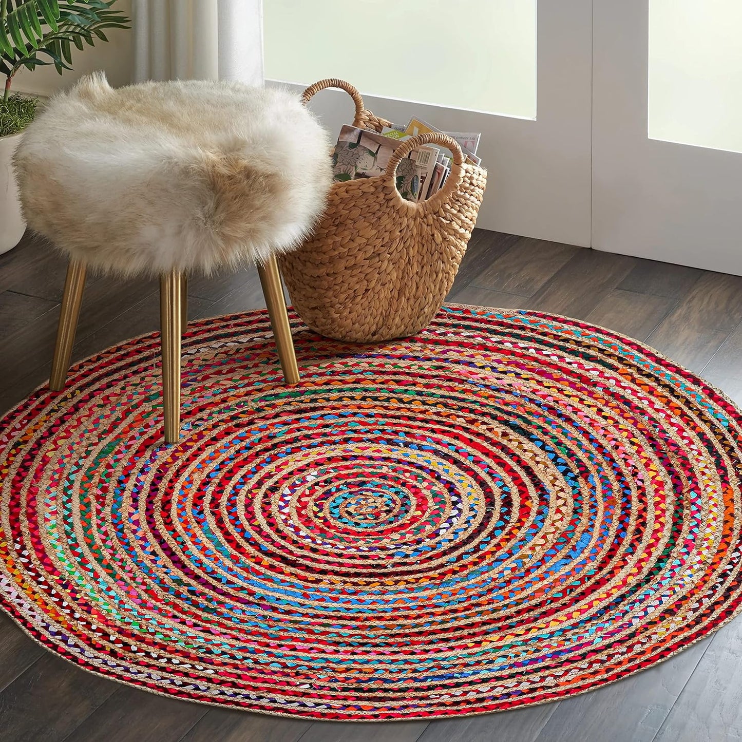 9' Round Handwoven Jute Chindi Area Rug - Colorful Boho Rugs for Living Room - Hand Braided Multicolor Bohemian Rug for Farmhouse, Bedroom, Dining Room, Classroom, Hallway, Kitchen, Office
