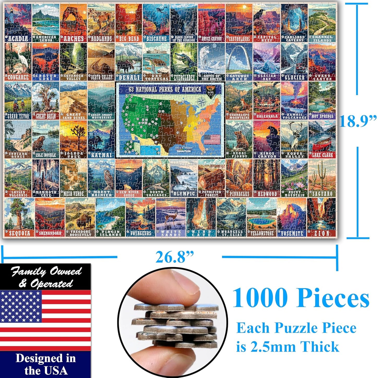 Think2Master Colorful Vintage USA National Parks 1000 Pieces Large Format Jigsaw Puzzle for Kids 12+, Teens, Adults & Families. Great Gift for People Interested in Traveling. Size: 26.8” X 18.9”