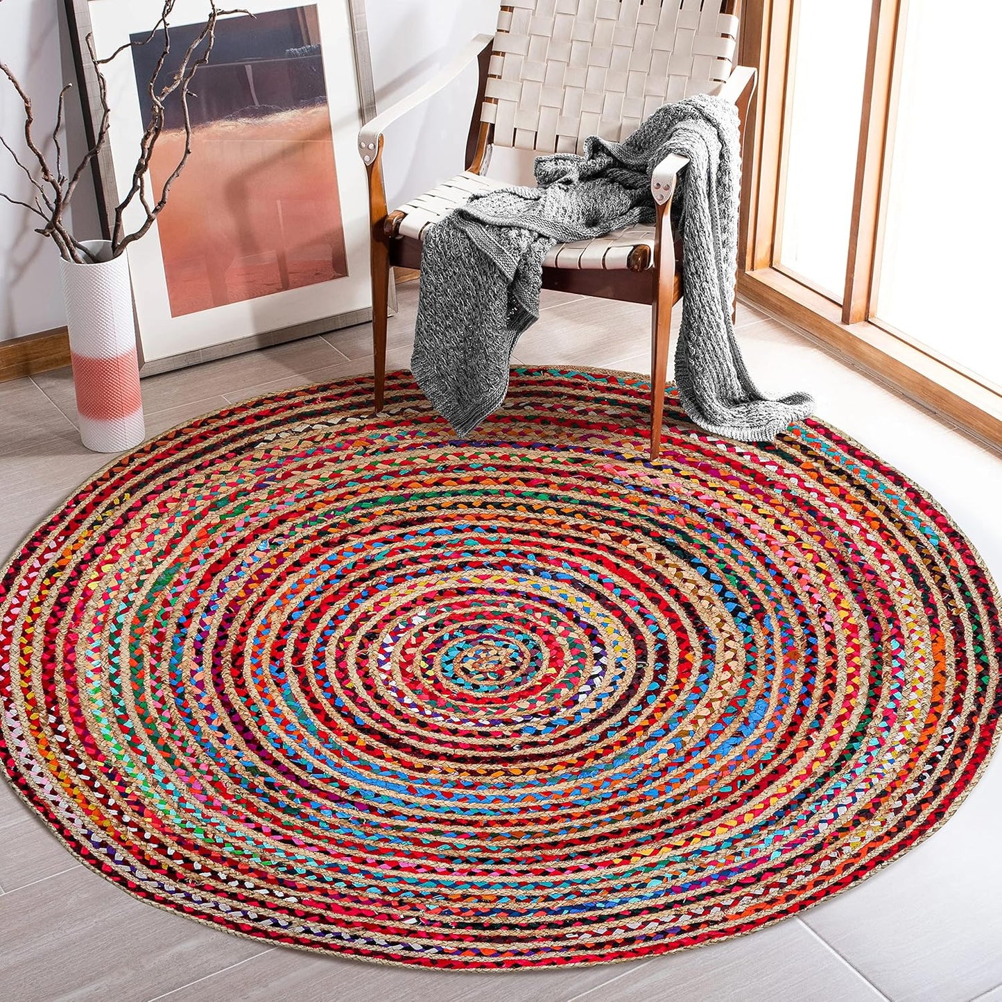 9' Round Handwoven Jute Chindi Area Rug - Colorful Boho Rugs for Living Room - Hand Braided Multicolor Bohemian Rug for Farmhouse, Bedroom, Dining Room, Classroom, Hallway, Kitchen, Office